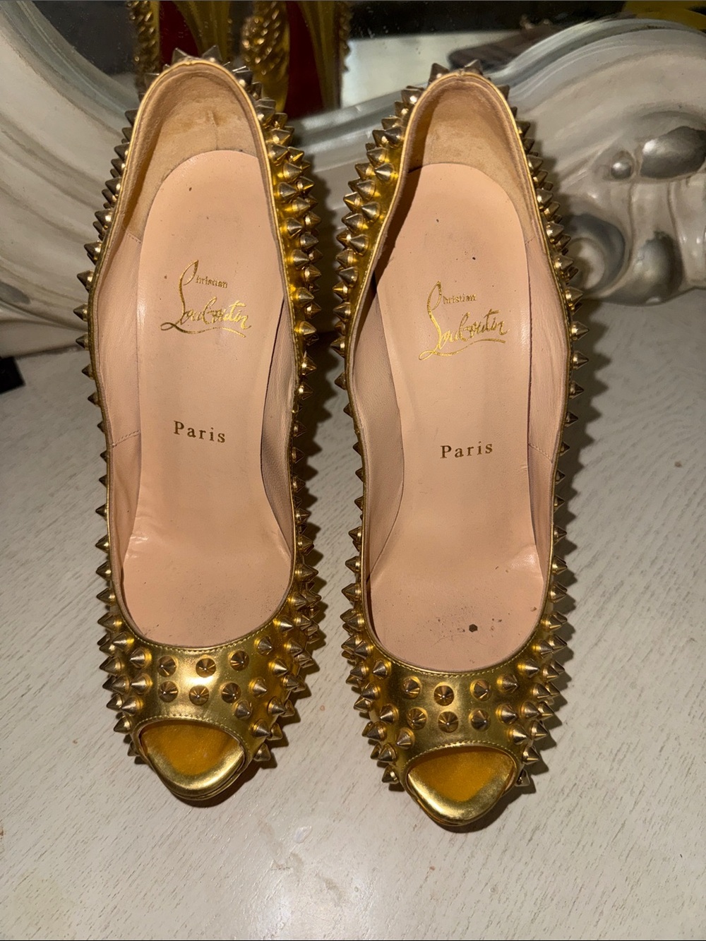 Christian Louboutin Metallic Gold Spiked Peep-Toe Pumps